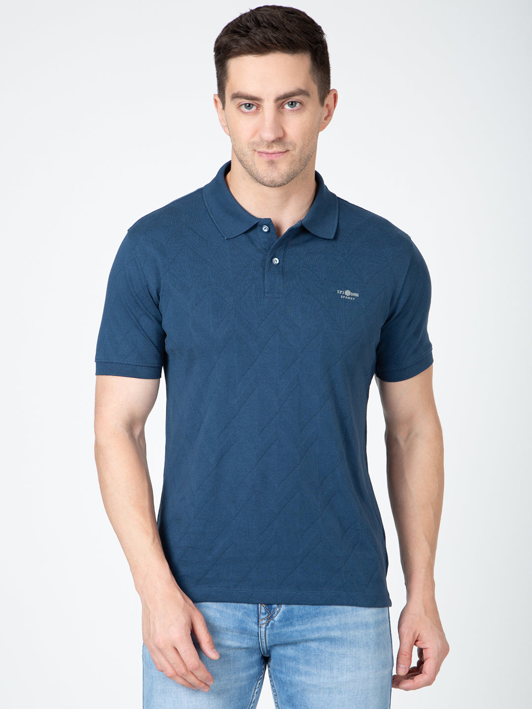 Men Blue Polo Jacquard T-Shirt