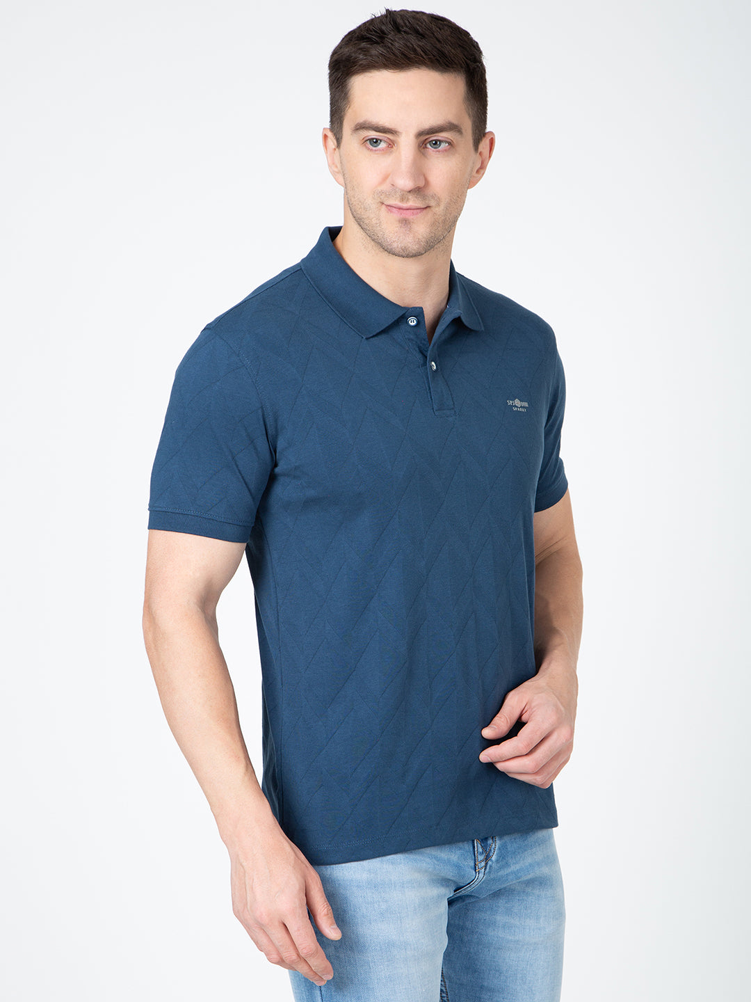 Men Blue Polo Jacquard T-Shirt