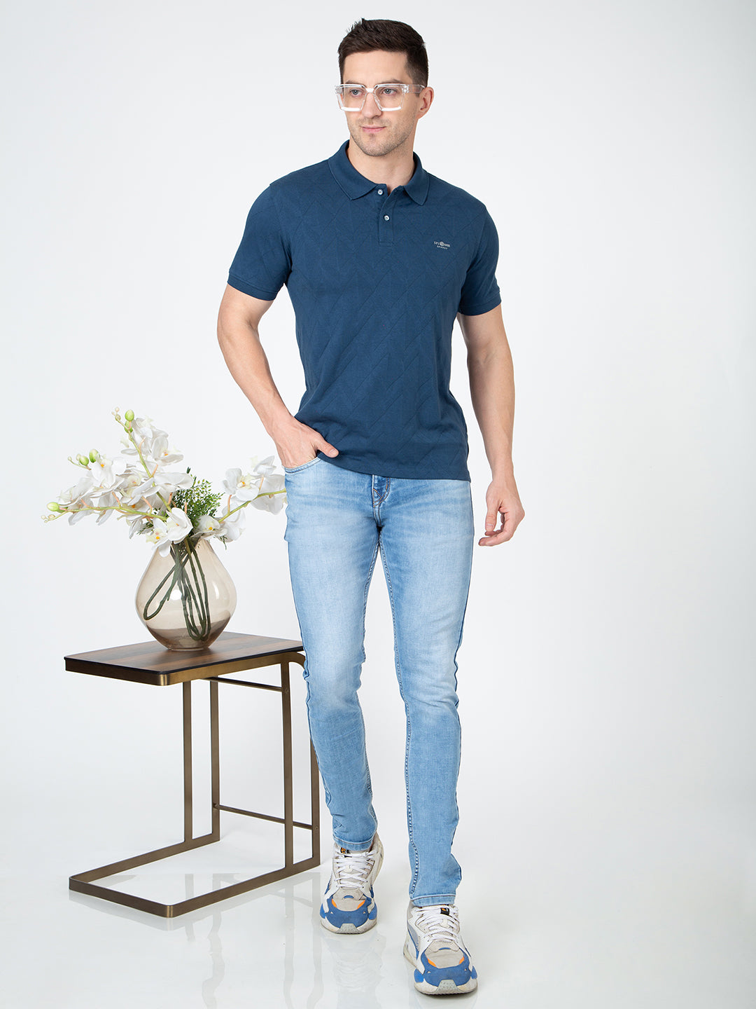Men Blue Polo Jacquard T-Shirt