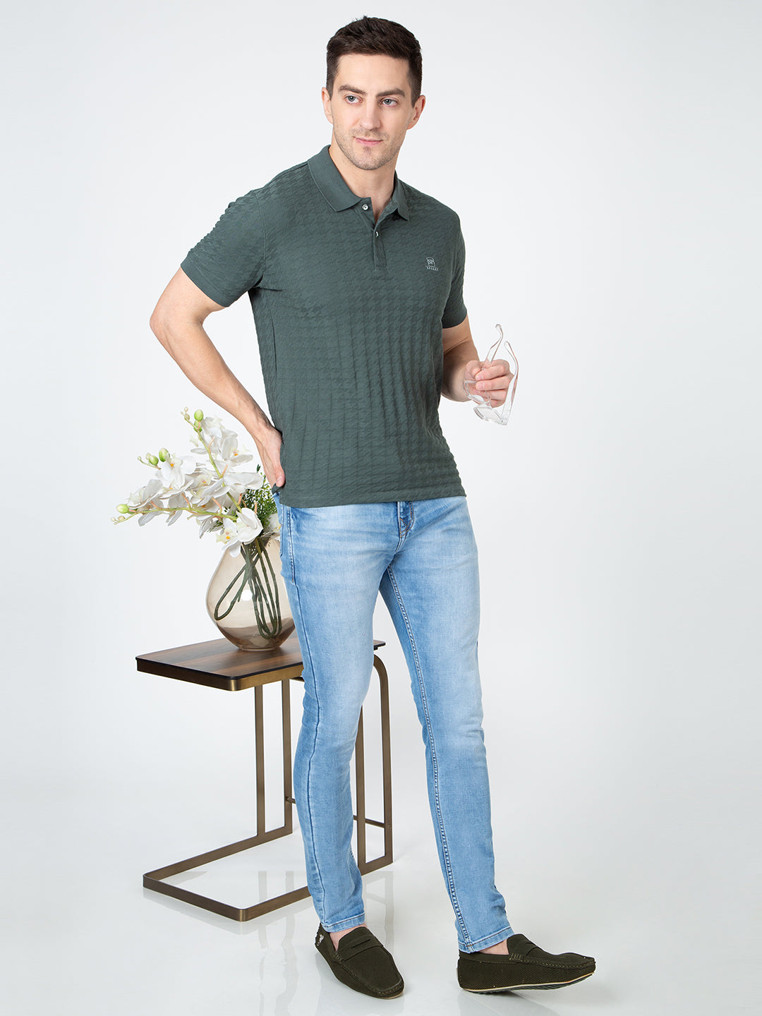Men Green Polo Jacquard T-Shirt