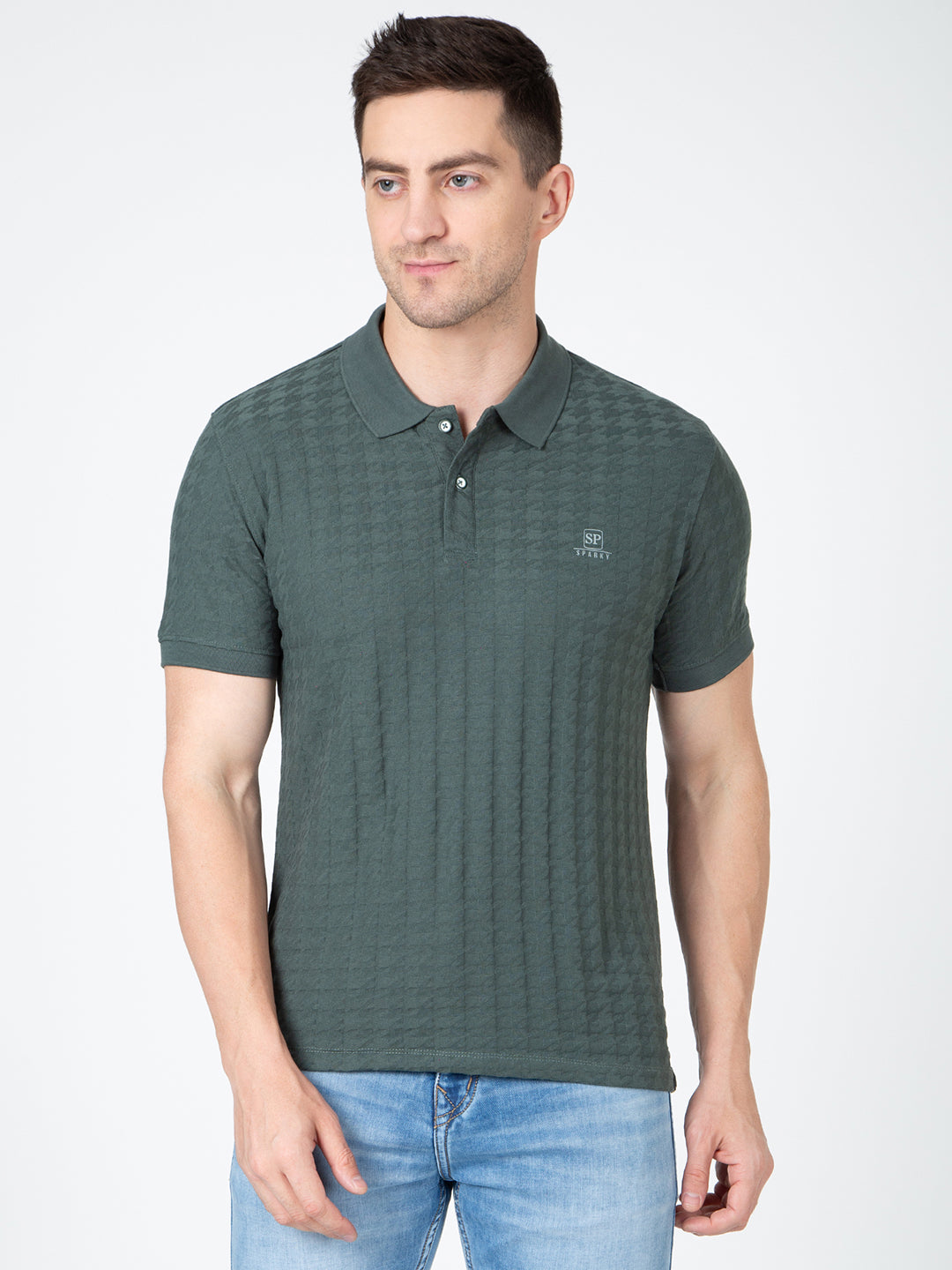 Men Green Polo Jacquard T-Shirt