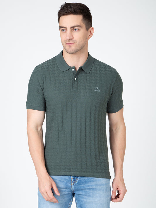 Men Green Polo Jacquard T-Shirt