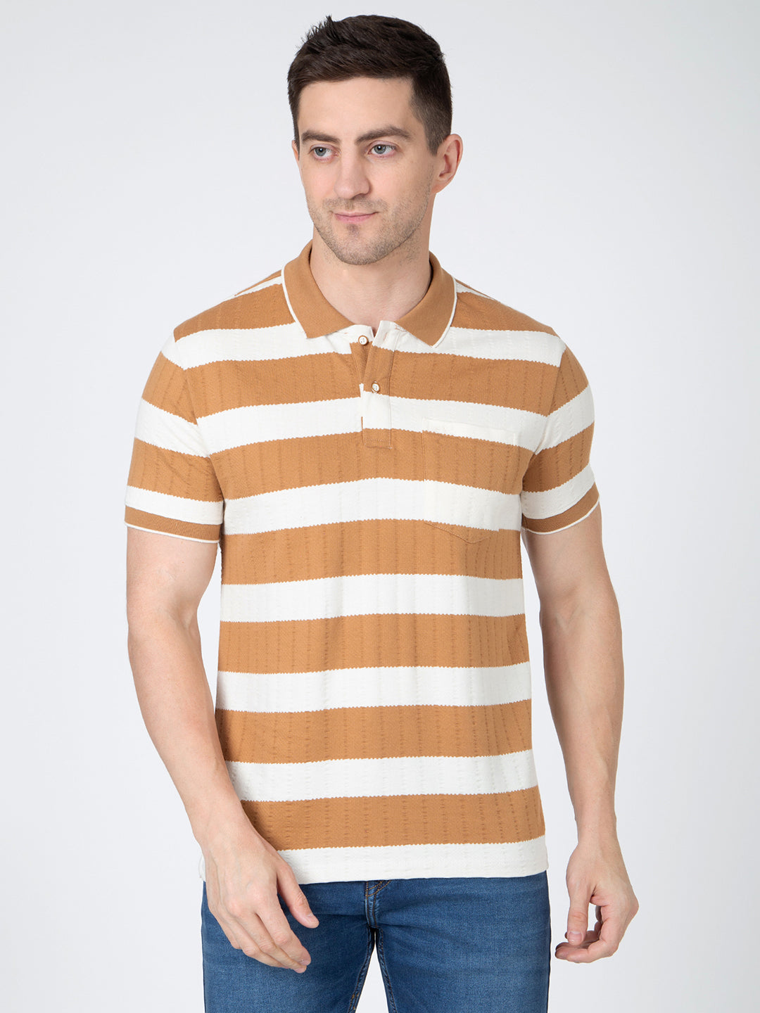 Men Off White Brown Polo Jaquart Stripe T-Shirt