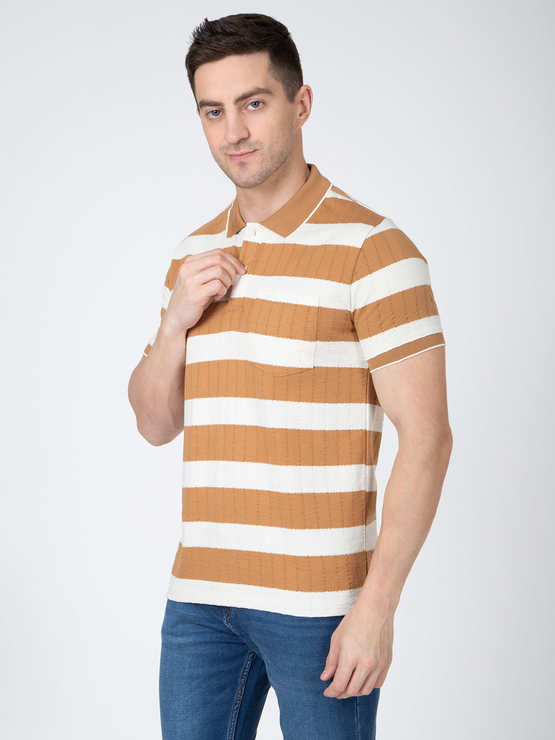 Men Off White Brown Polo Jaquart Stripe T-Shirt