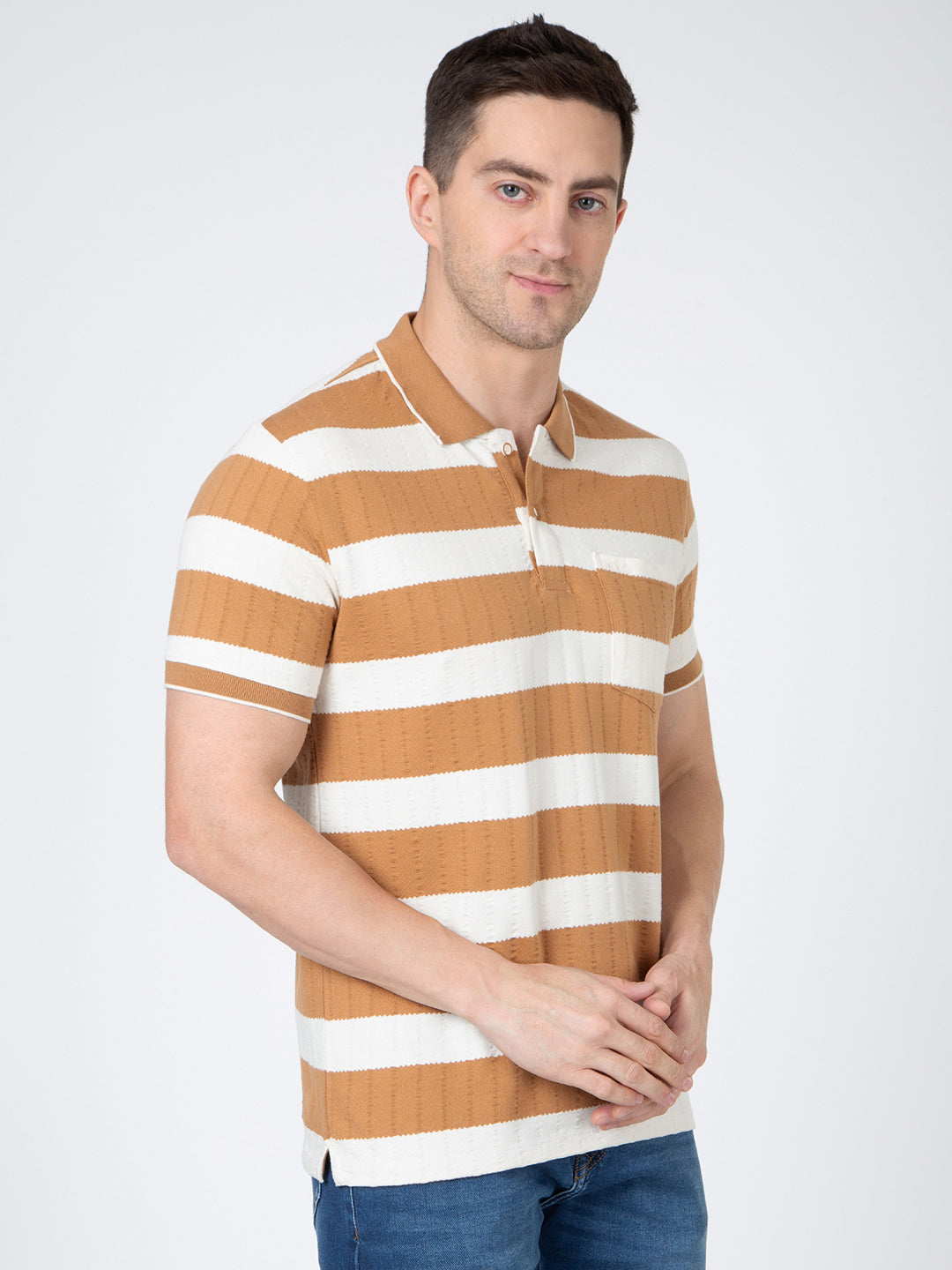 Men Off White Brown Polo Jaquart Stripe T-Shirt