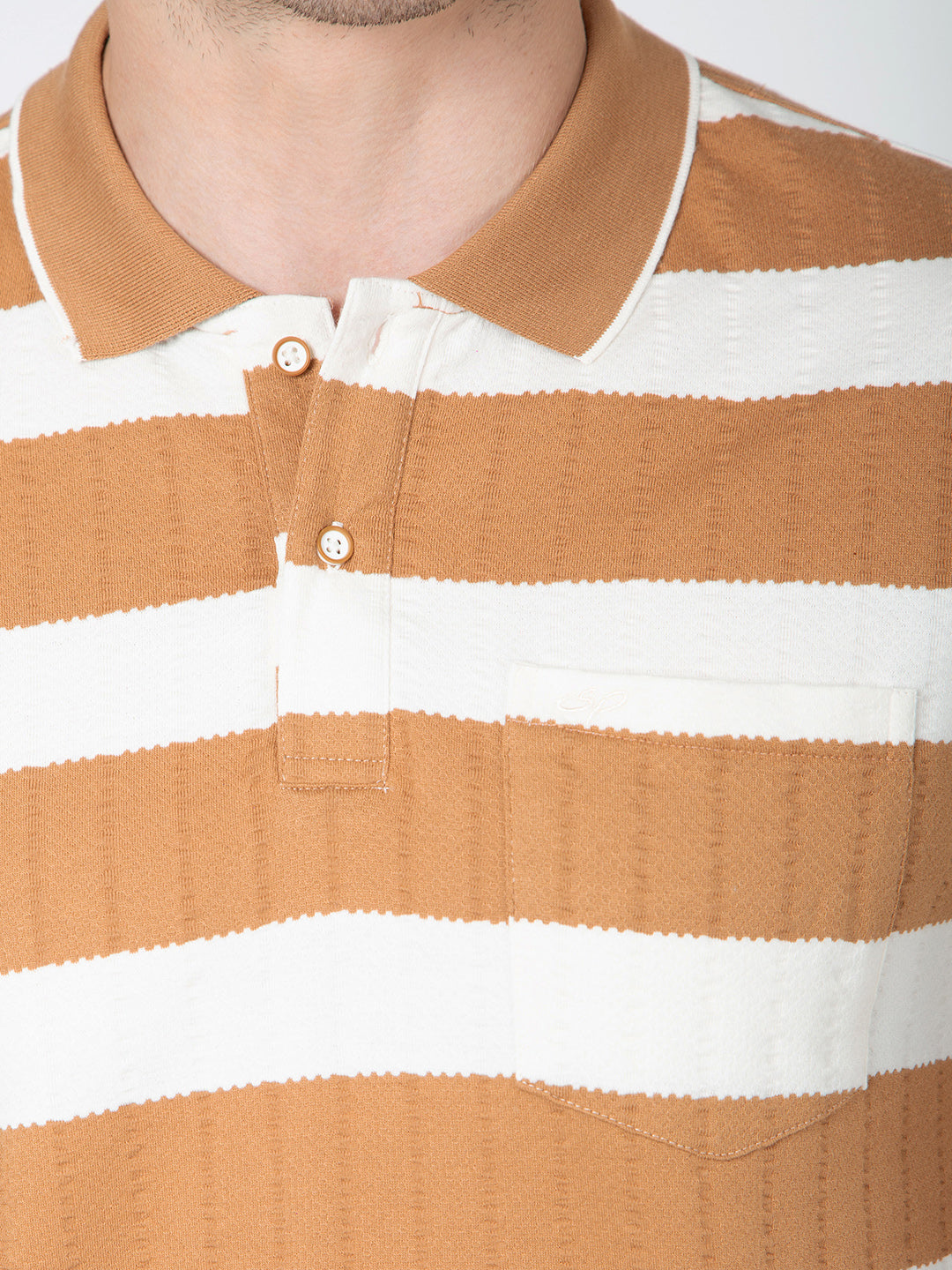 Men Off White Brown Polo Jaquart Stripe T-Shirt