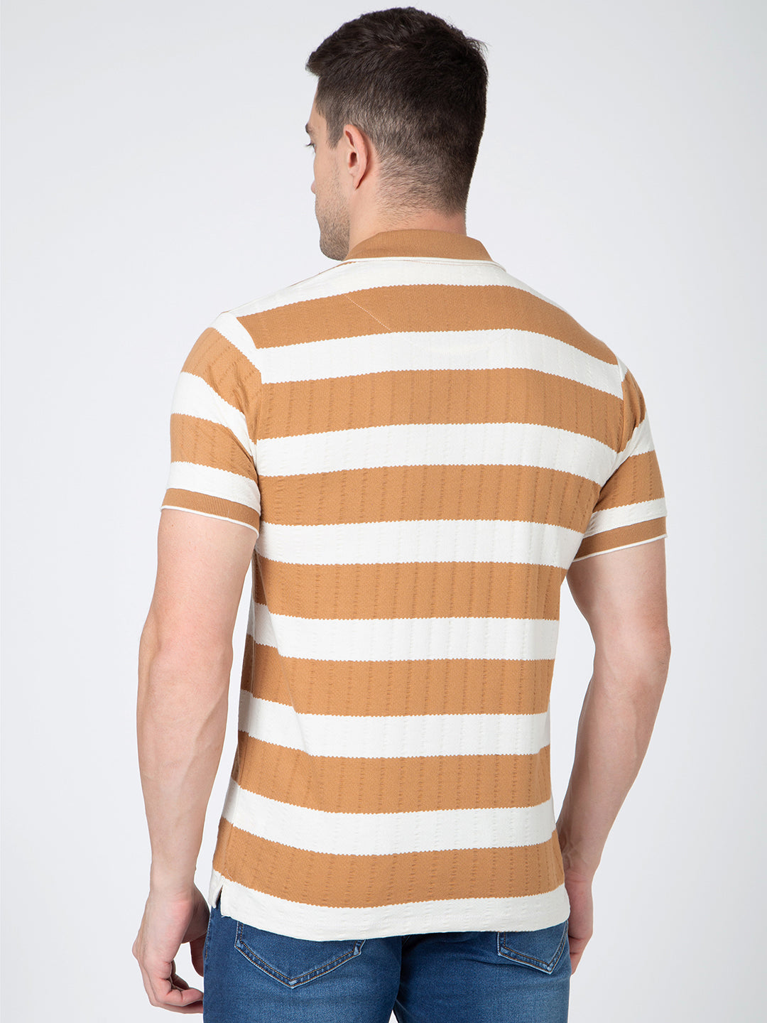 Men Off White Brown Polo Jaquart Stripe T-Shirt