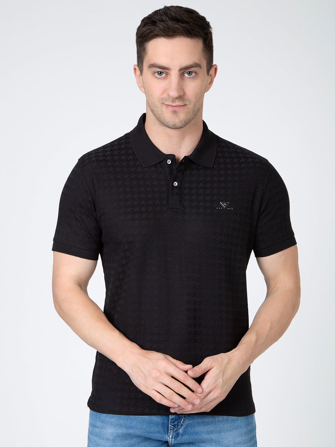 Men Black Polo Jacquard T-Shirt