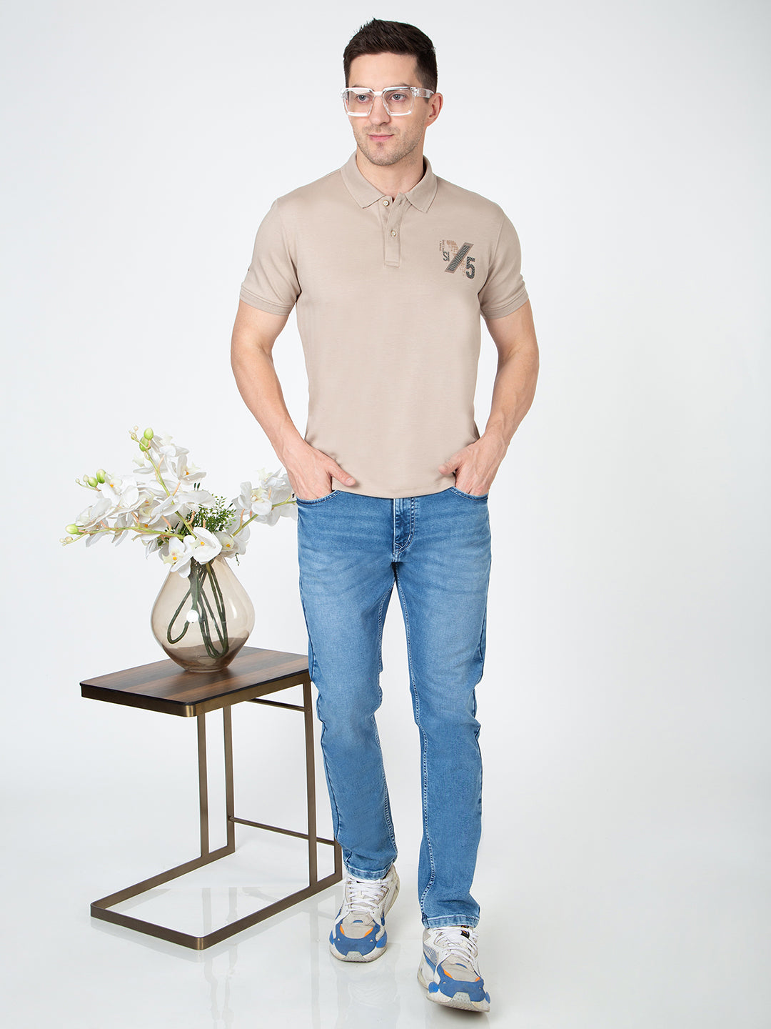 Men Beige Polo Jacquard T-Shirt