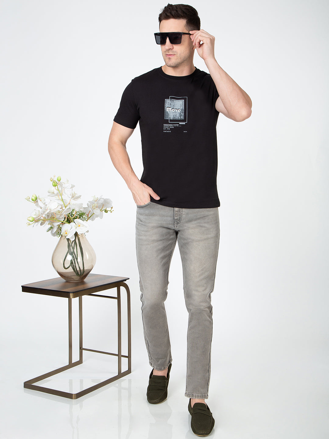 Men Black Round Neck Sinker T-Shirt
