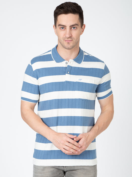 Men Off White Blue Polo Jaquart Stripe T-Shirt