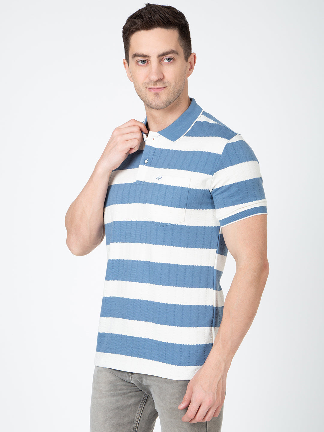 Men Off White Blue Polo Jaquart Stripe T-Shirt