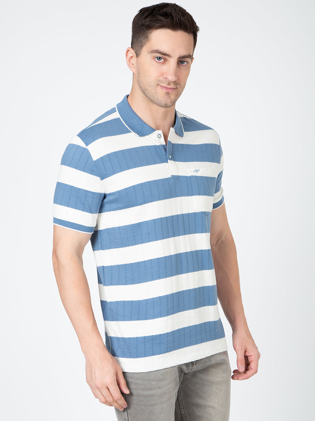Men Off White Blue Polo Jaquart Stripe T-Shirt