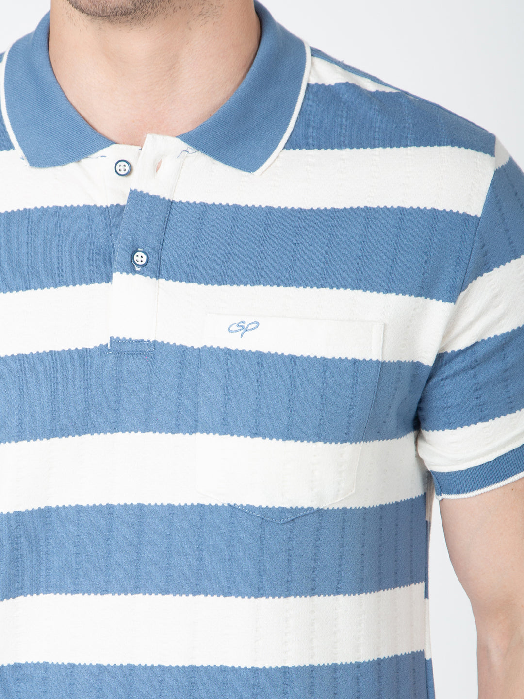 Men Off White Blue Polo Jaquart Stripe T-Shirt