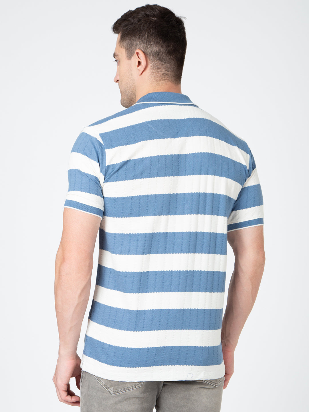 Men Off White Blue Polo Jaquart Stripe T-Shirt