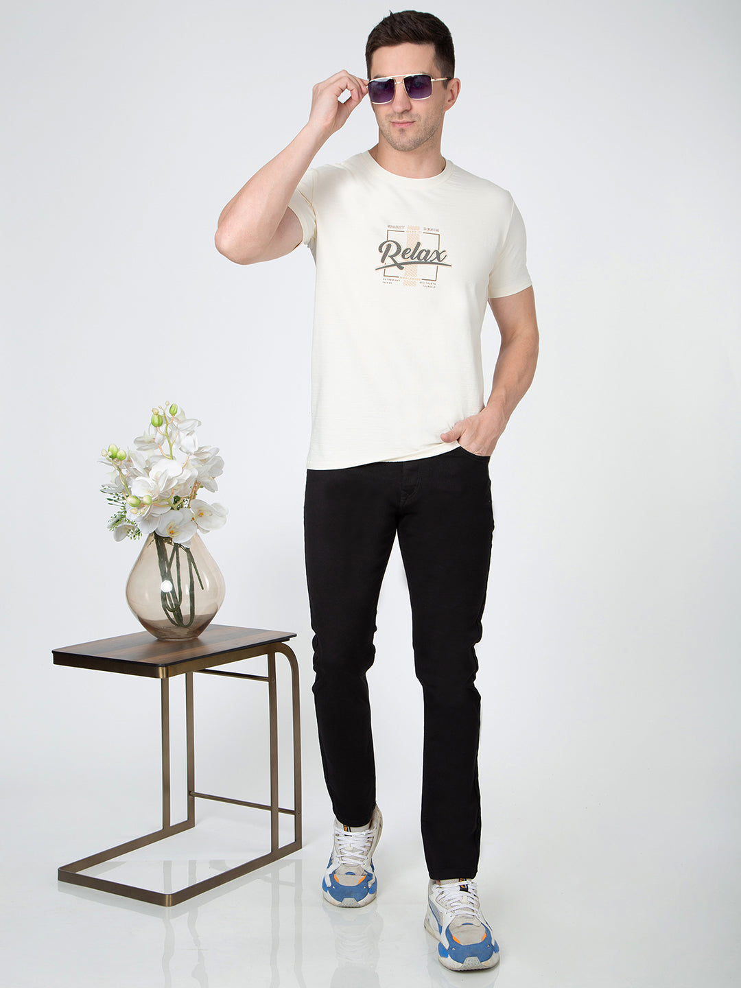 Men White Round Neck T-Shirt