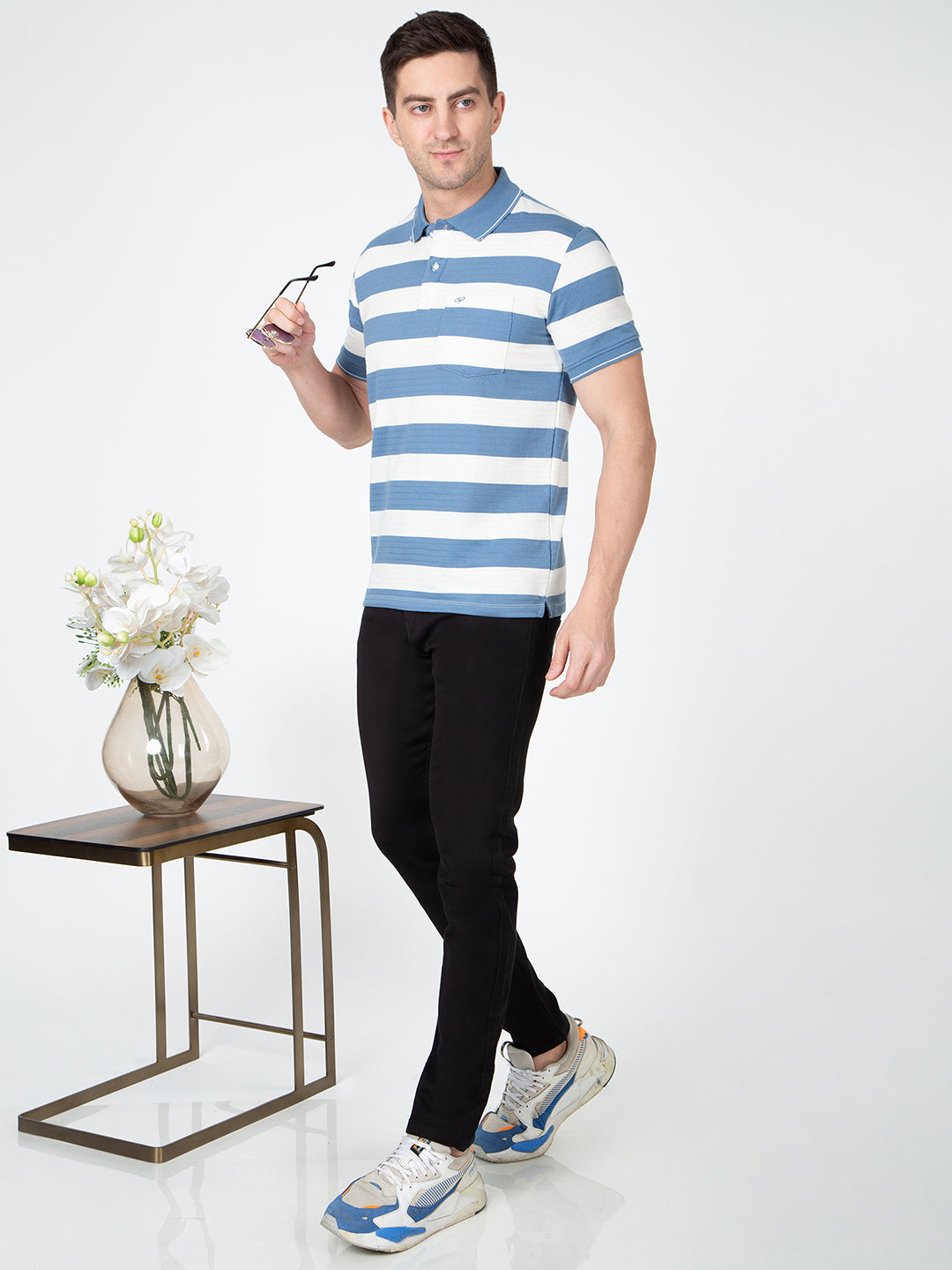 Men Blue Polo Jaquart Stripe T-Shirt