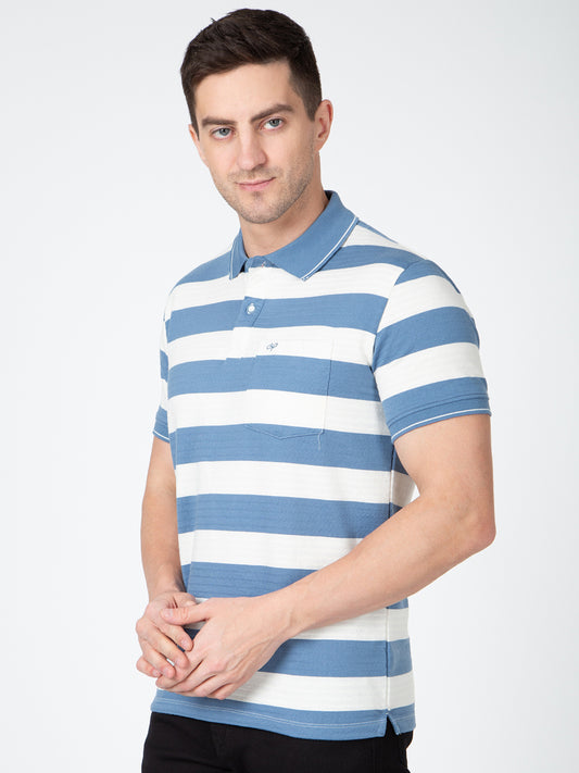 Men Blue Polo Jaquart Stripe T-Shirt