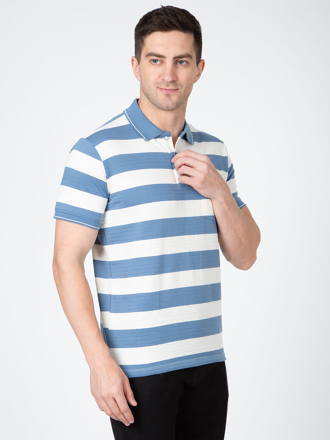 Men Blue Polo Jaquart Stripe T-Shirt