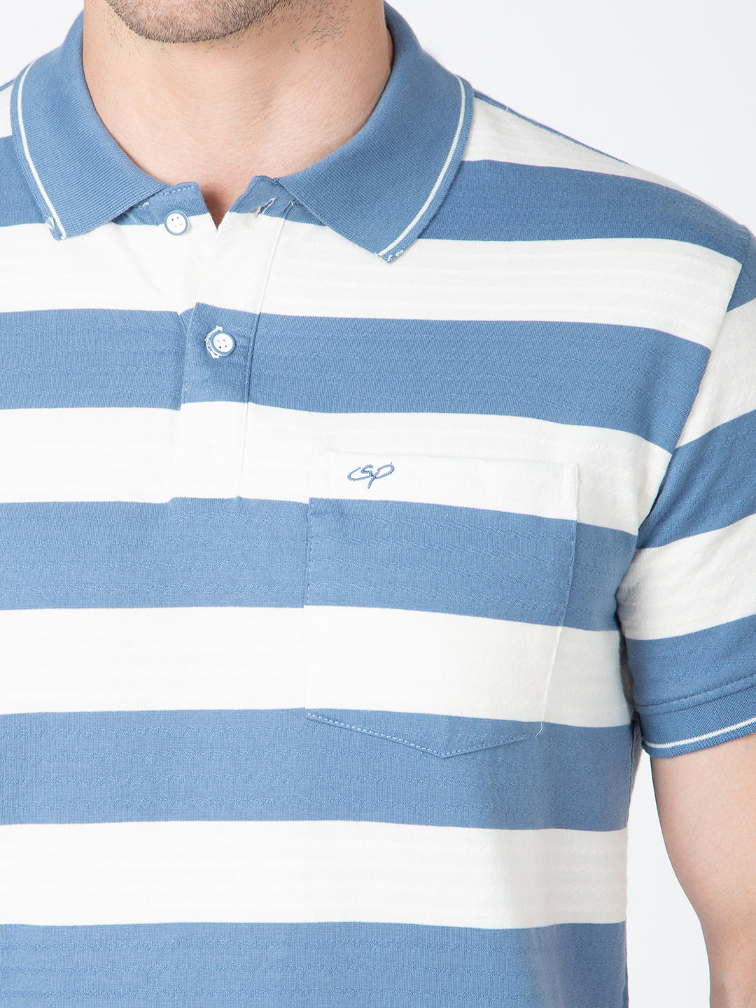 Men Blue Polo Jaquart Stripe T-Shirt
