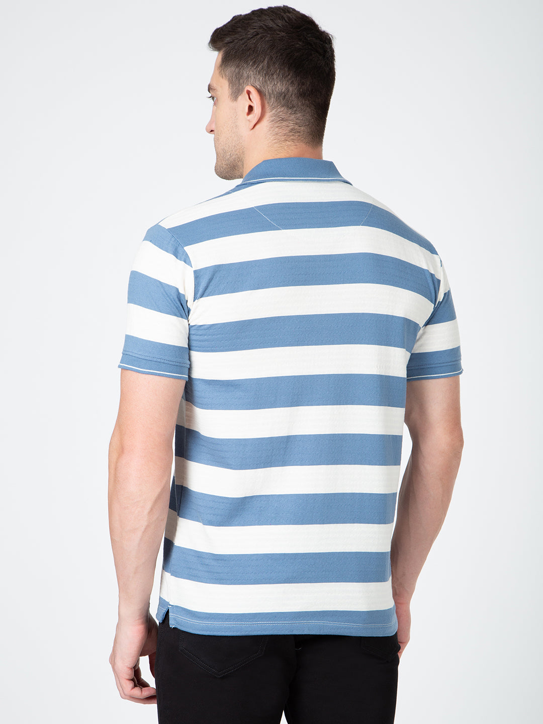 Men Blue Polo Jaquart Stripe T-Shirt