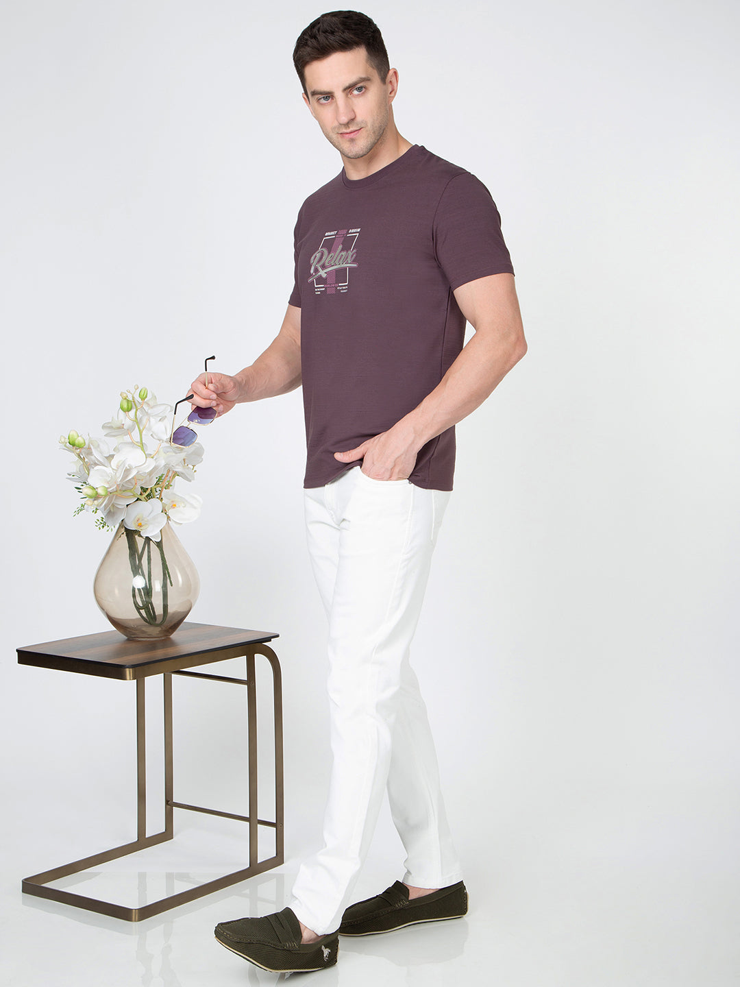 Men Wine Round Neck T-Shirt