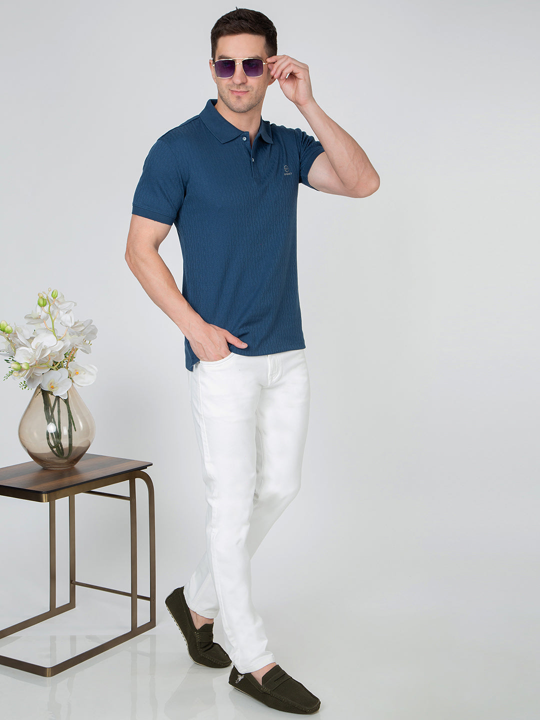 Men Blue Polo Jacquard T-Shirt