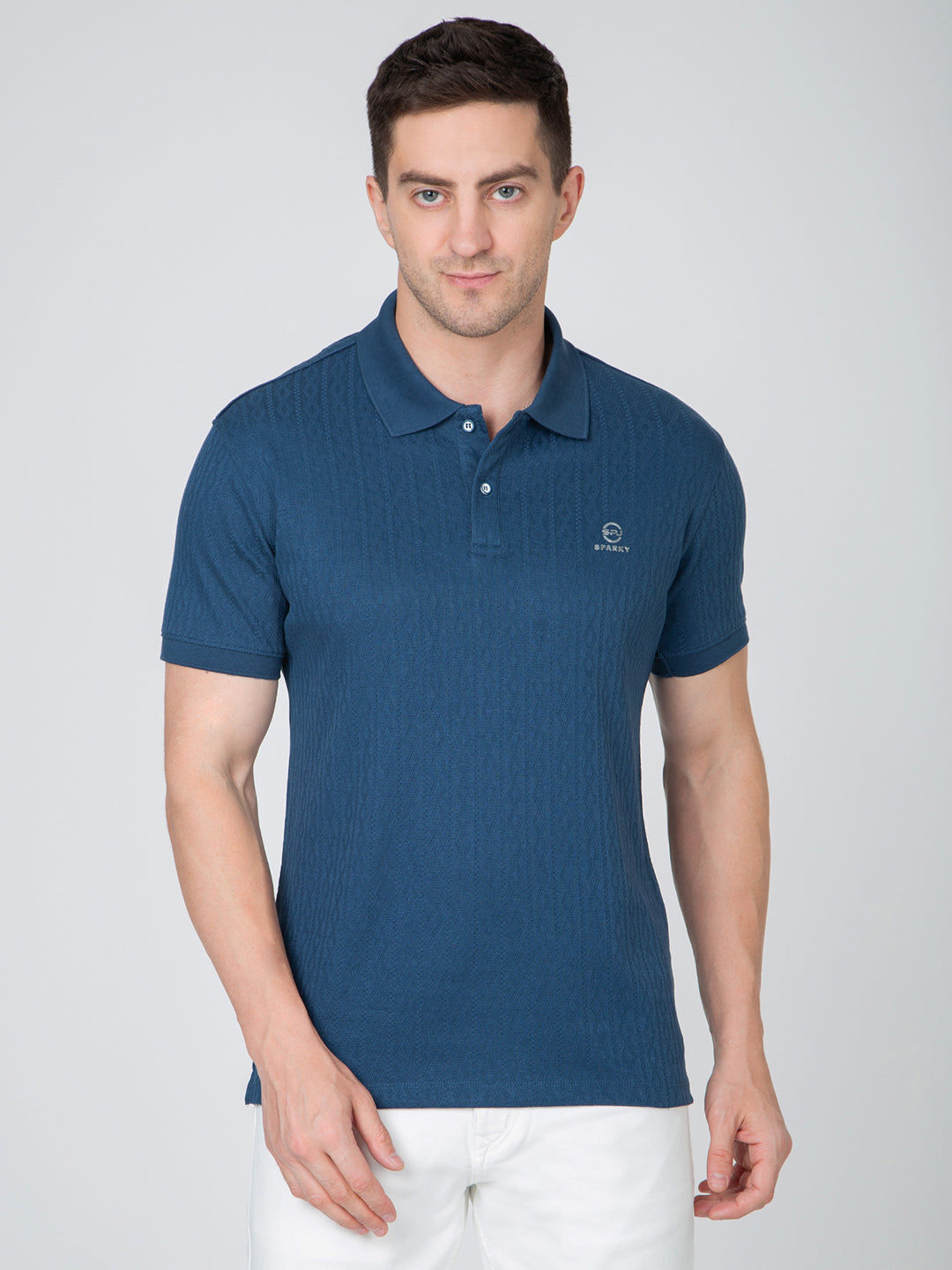 Men Blue Polo Jacquard T-Shirt
