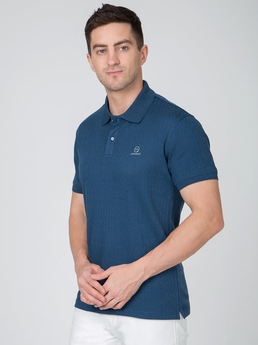 Men Blue Polo Jacquard T-Shirt
