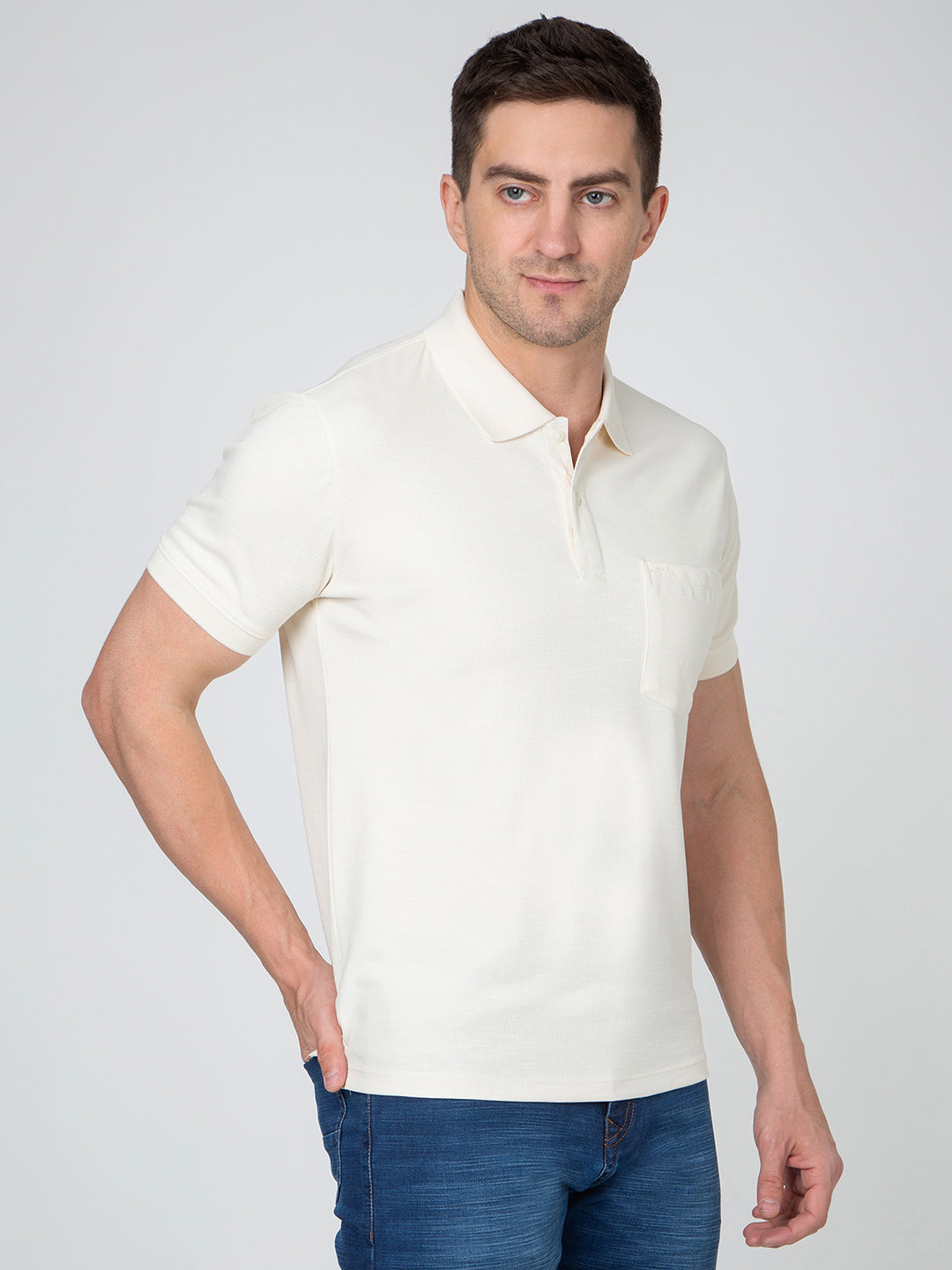 Men Cream Polo Slub T-Shirt