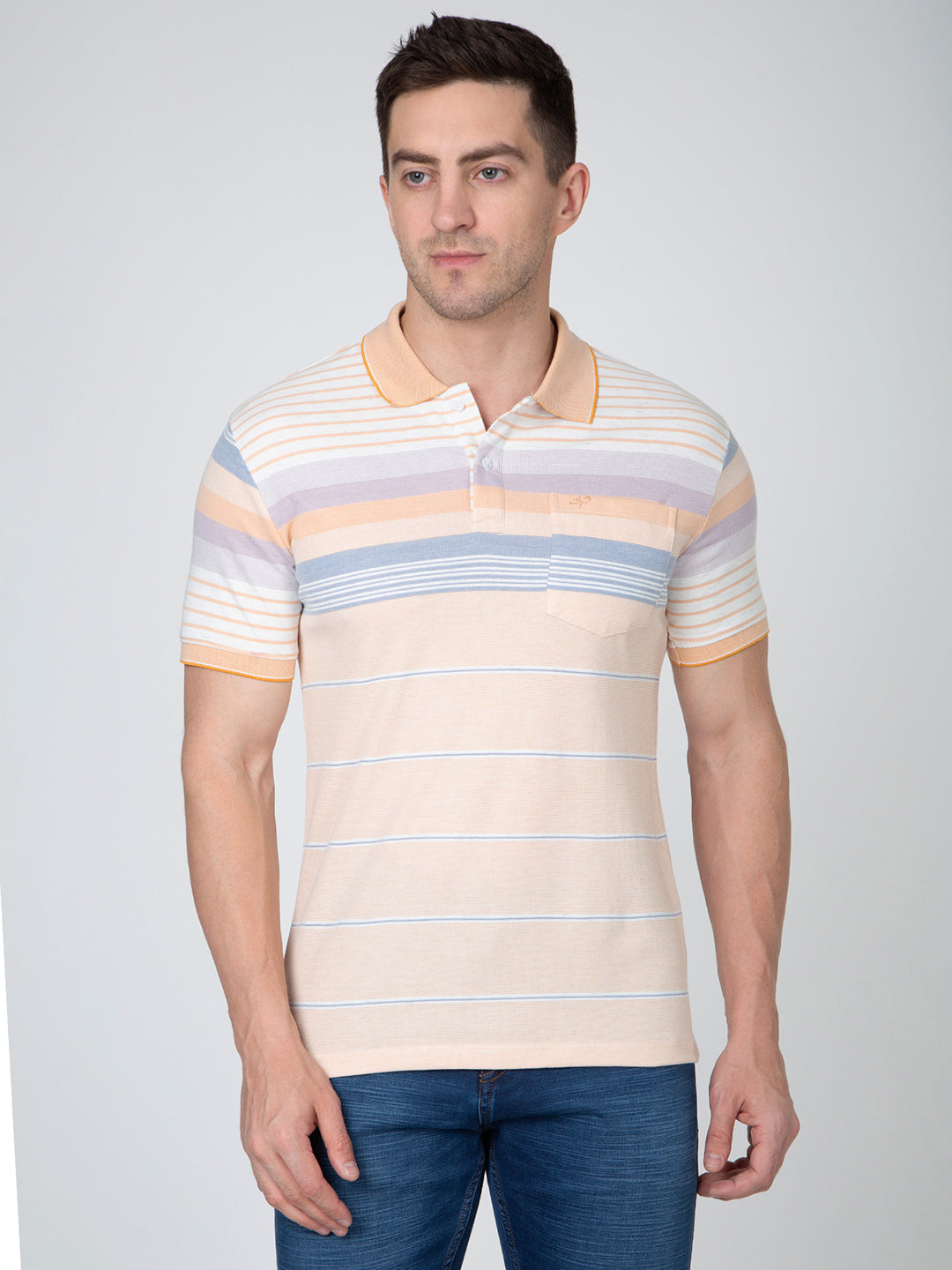 Men Peach Polo Striper T-Shirt