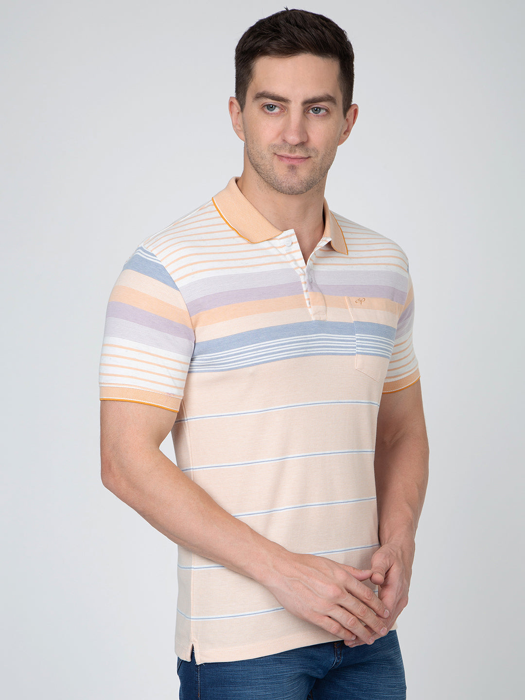 Men Peach Polo Striper T-Shirt