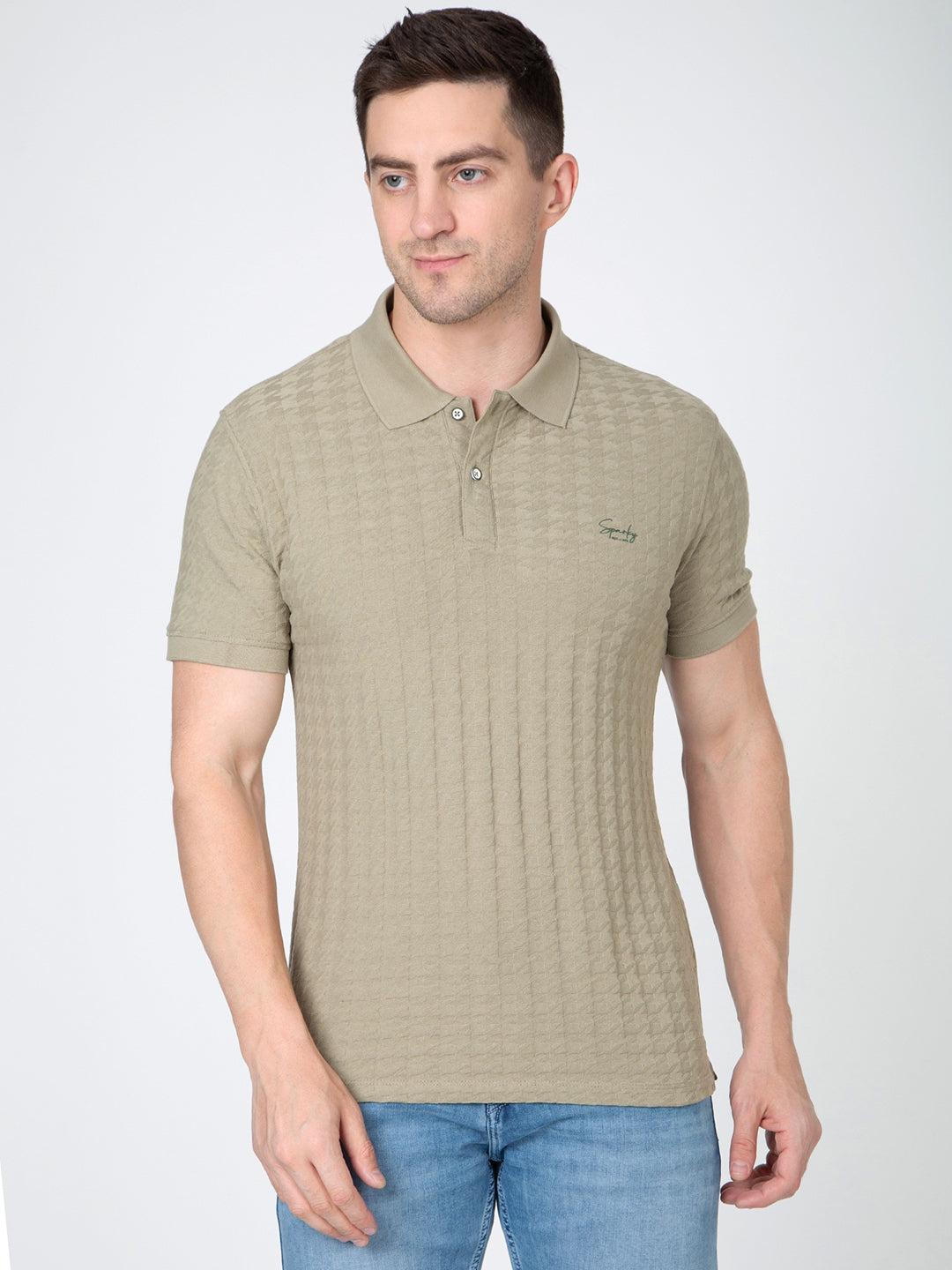 Men Olive Polo Jacquard T-Shirt