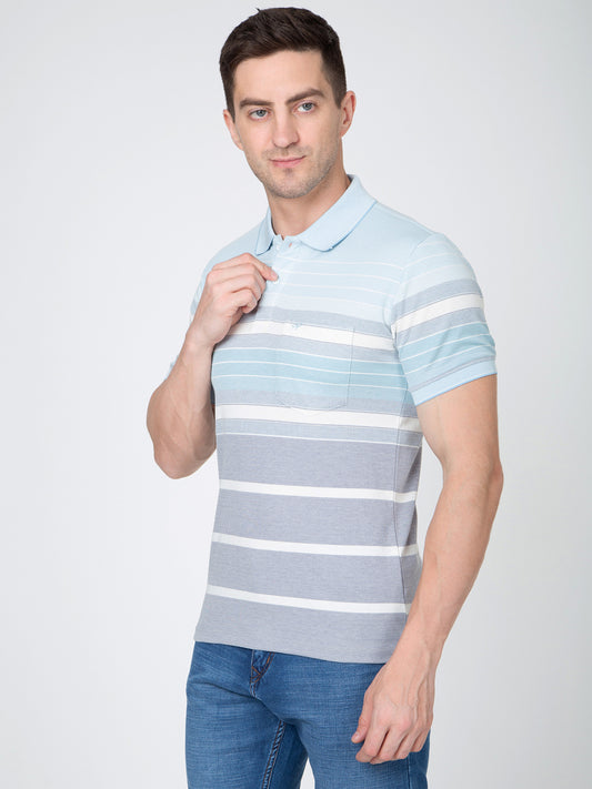 Men Sky Blue Polo Striper T-Shirt