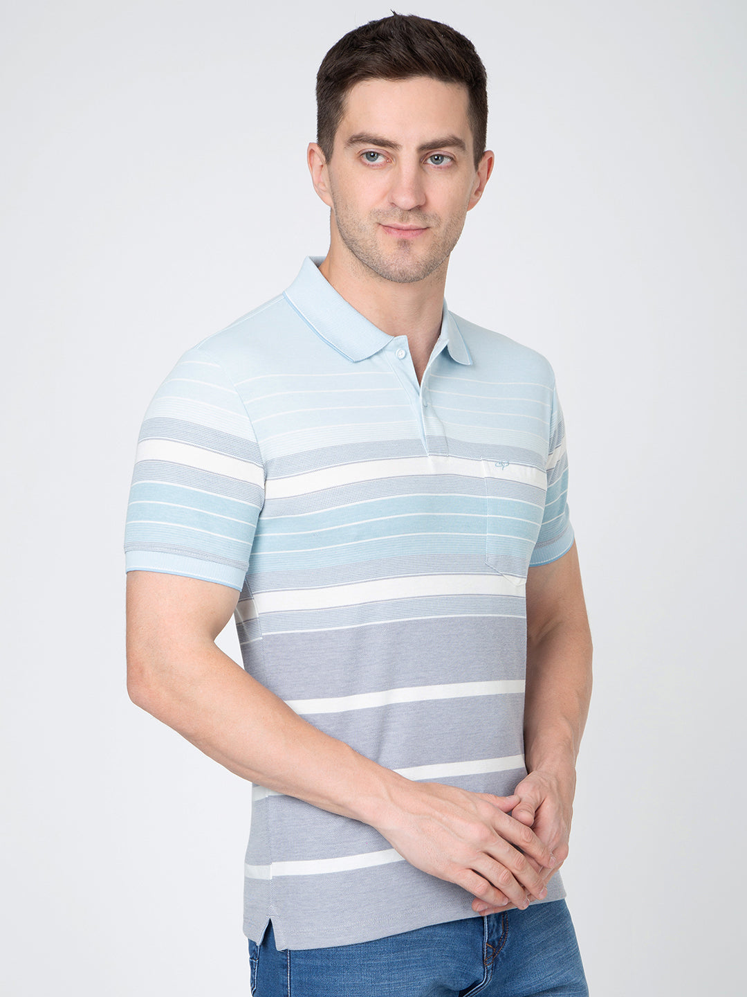 Men Sky Blue Polo Striper T-Shirt