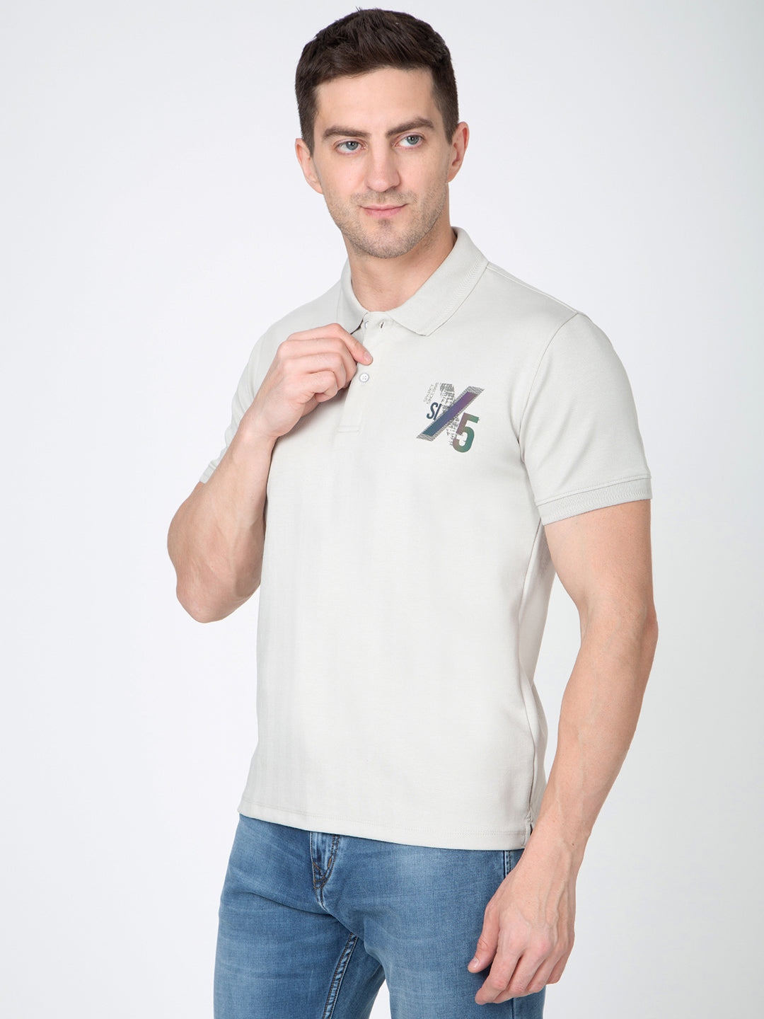 Men Light Grey Polo Jacquard T-Shirt