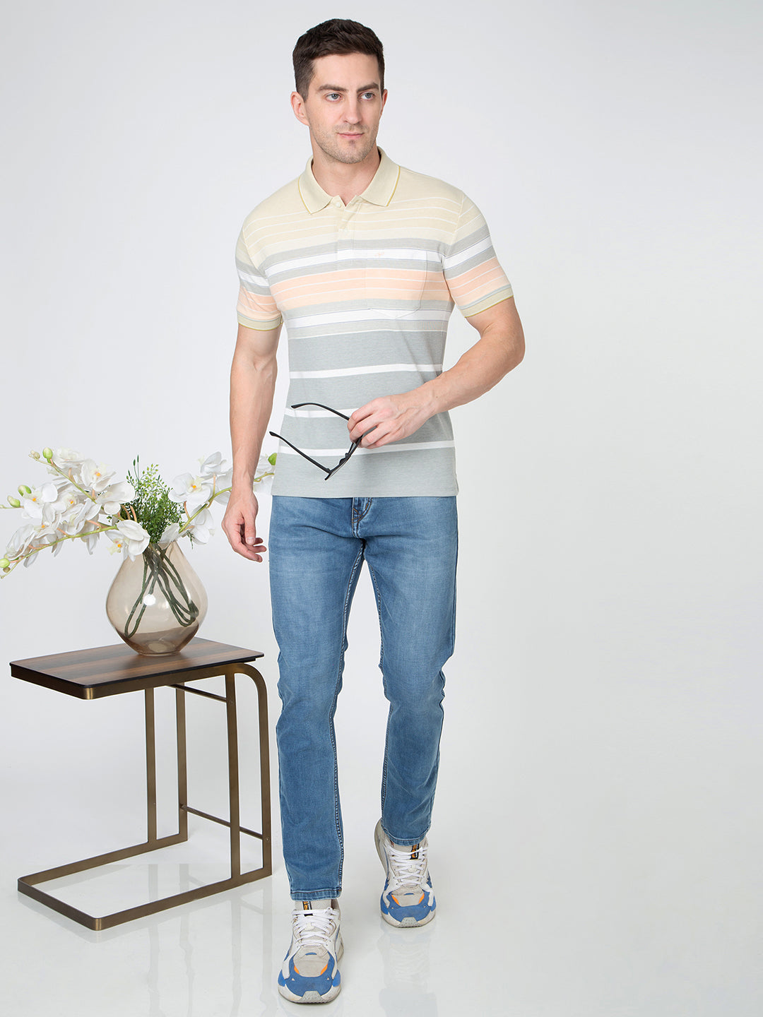 Men Yellow Polo Striper T-Shirt