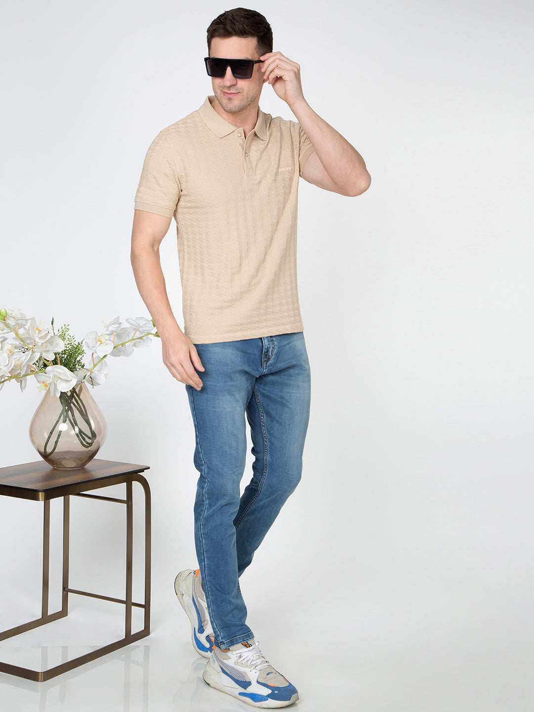 Men Beige Polo Jacquard T-Shirt