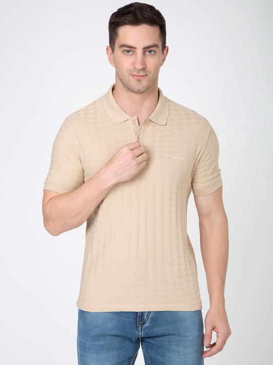 Men Beige Polo Jacquard T-Shirt
