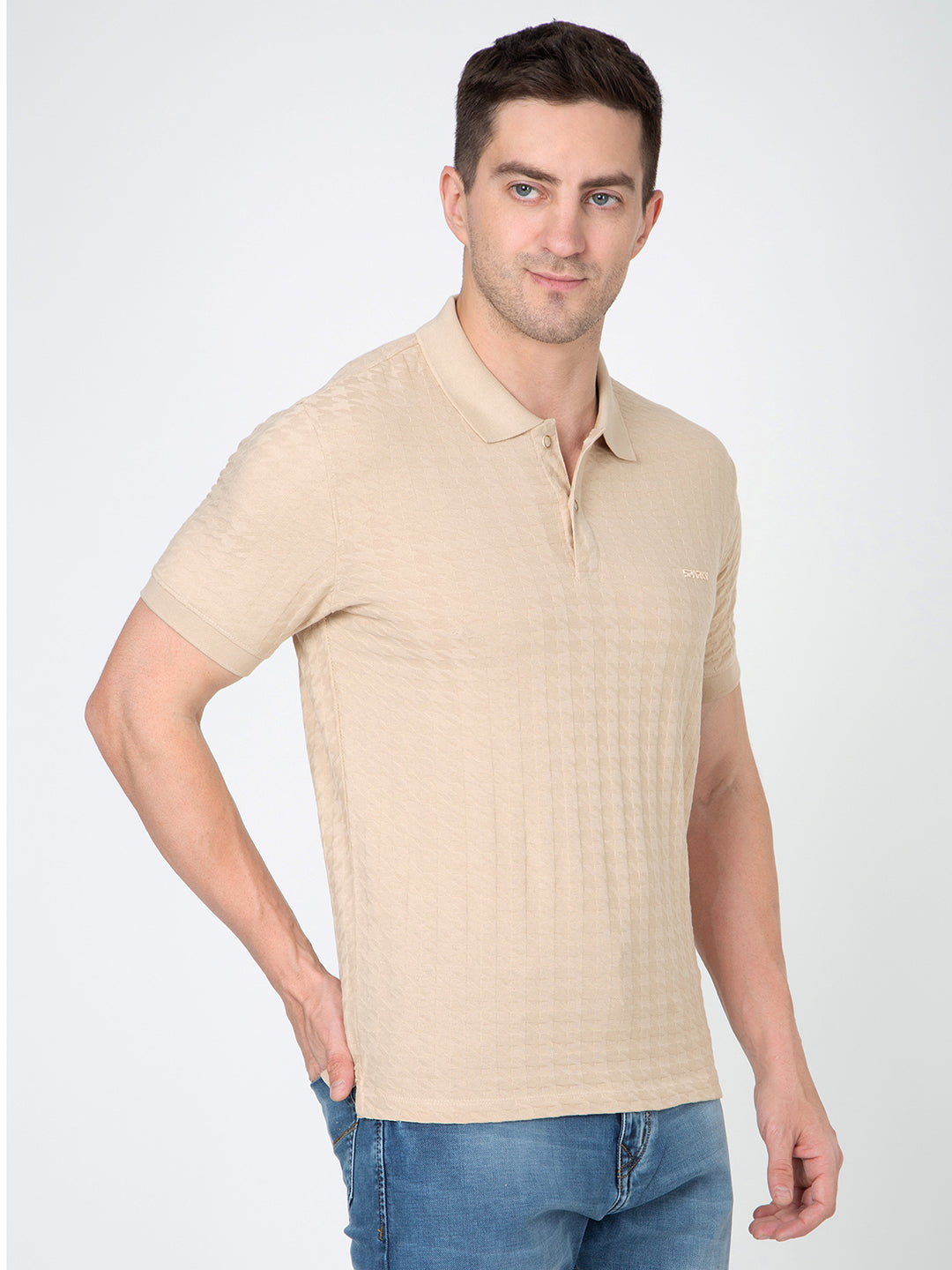 Men Beige Polo Jacquard T-Shirt