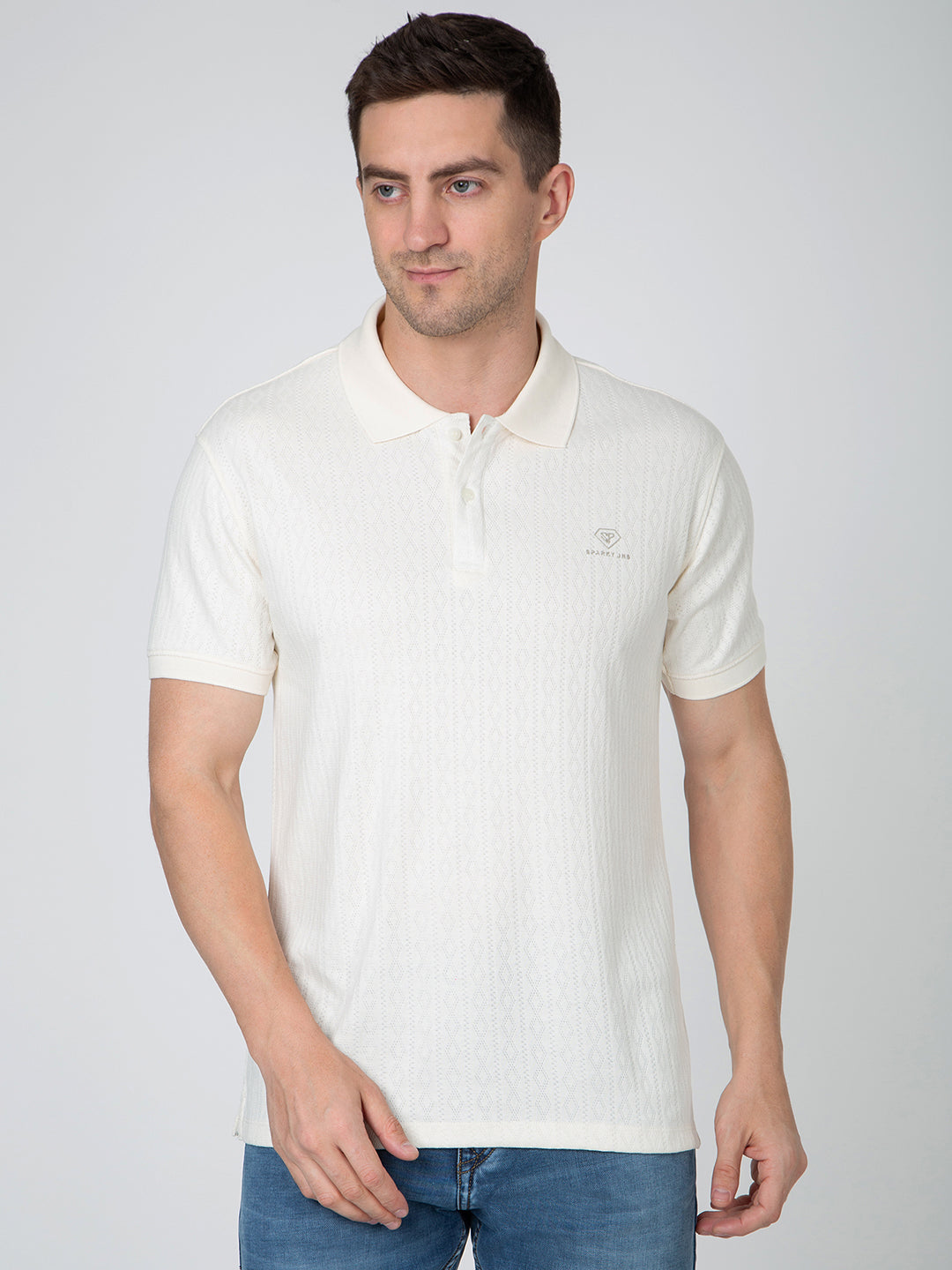 Men Cream Polo Jacquard T-Shirt