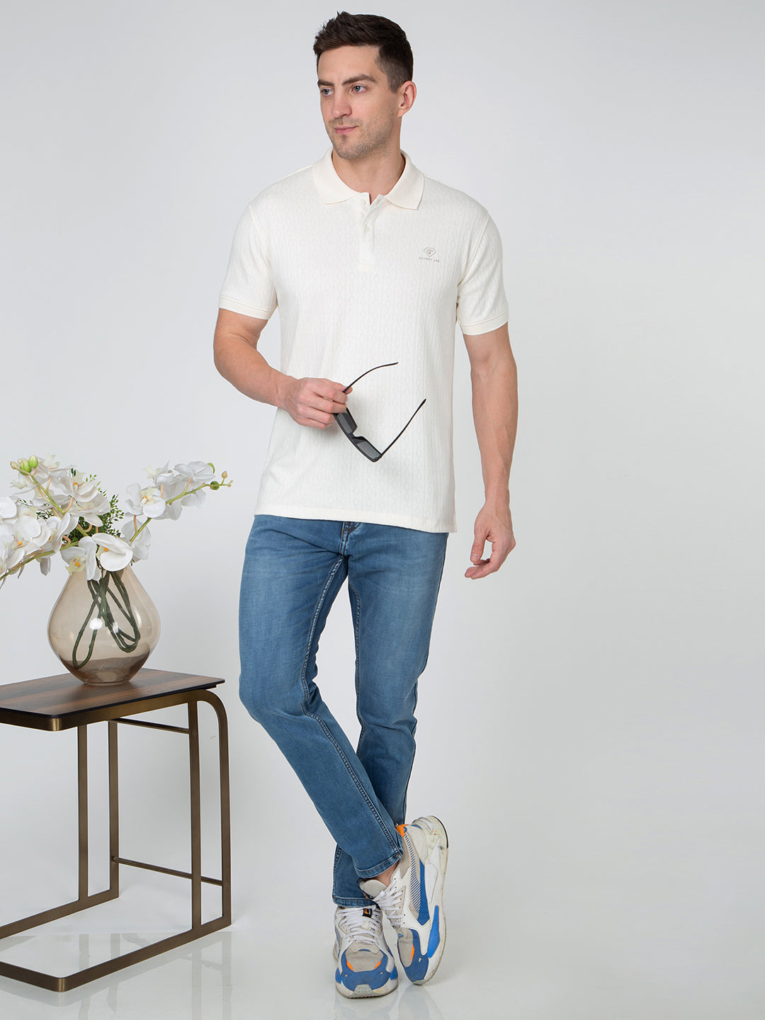 Men Cream Polo Jacquard T-Shirt