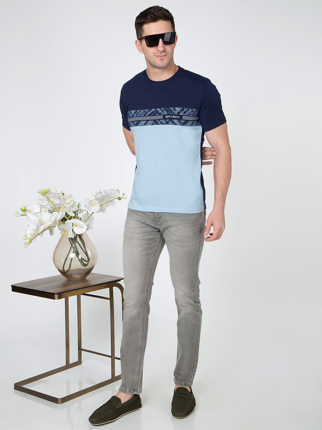 Men Navy Round Neck Sinker T-Shirt