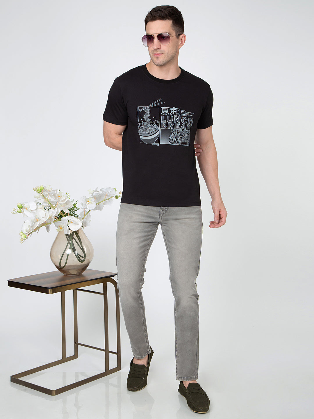 Men Black Round Neck Sinker T-Shirt