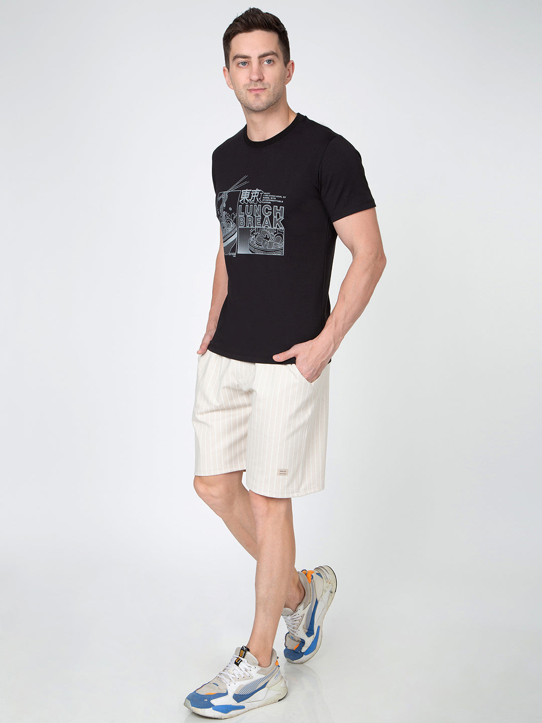 Men Striped Beige Bermuda