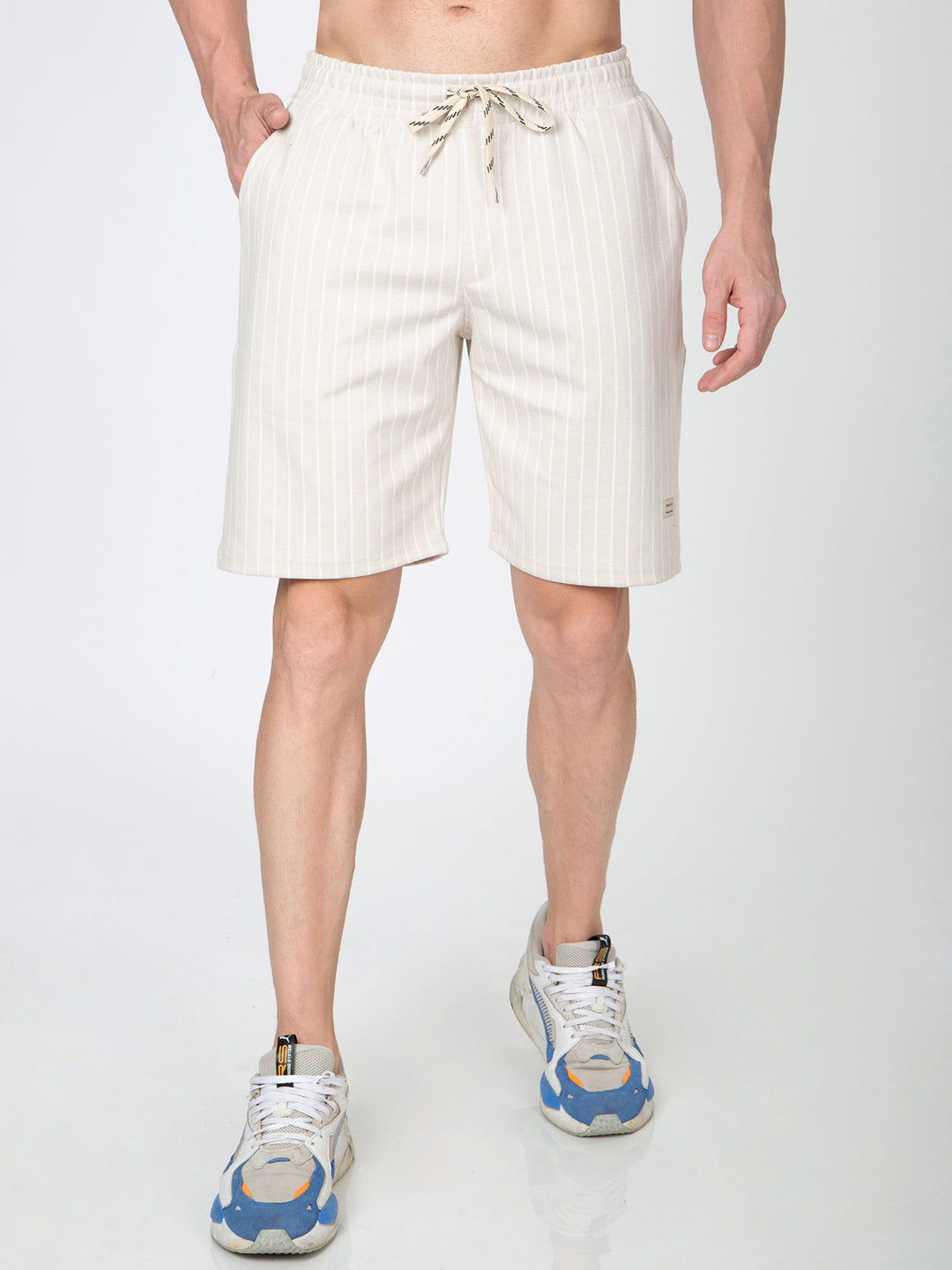 Men Striped Beige Bermuda