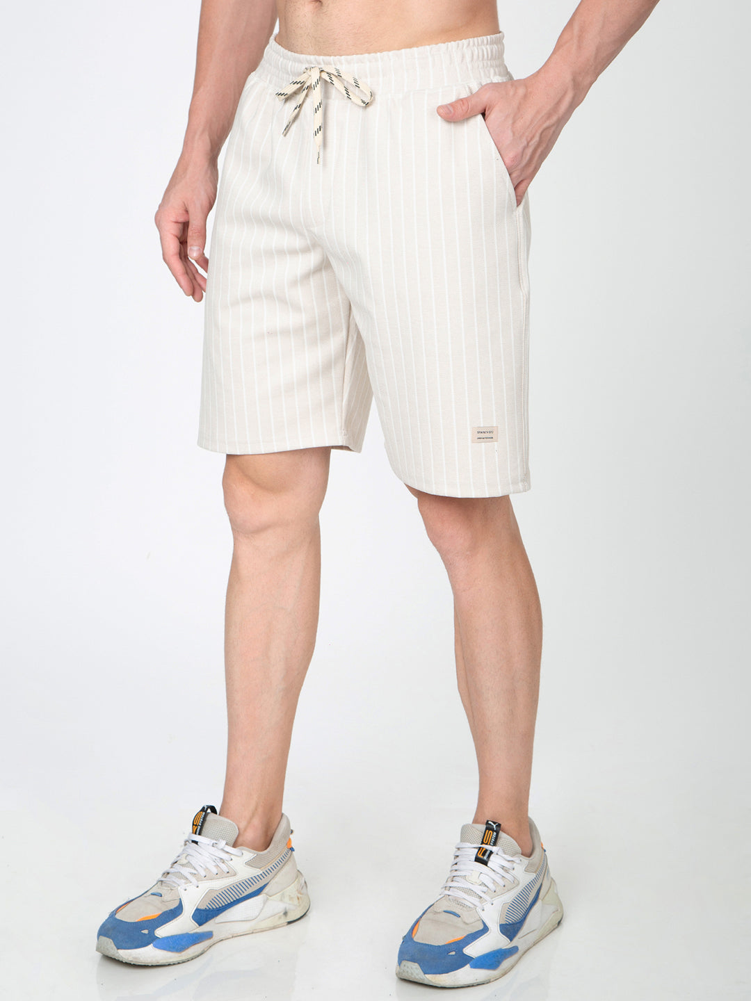 Men Striped Beige Bermuda