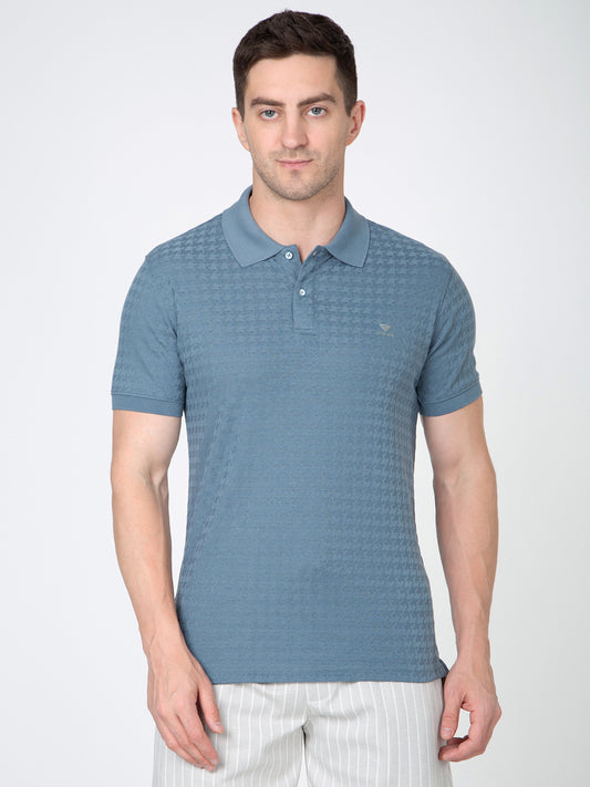 Men Blue Polo Jacquard T-Shirt