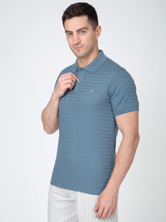 Men Blue Polo Jacquard T-Shirt