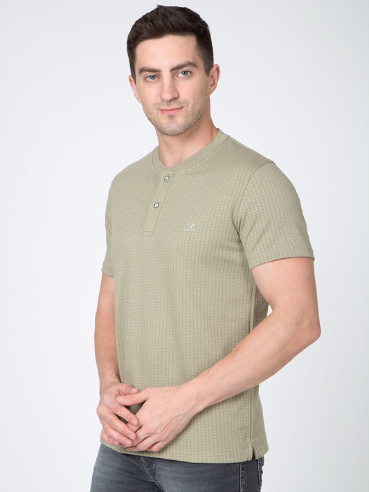 Men Green Round Neck Henley Nick T-Shirt